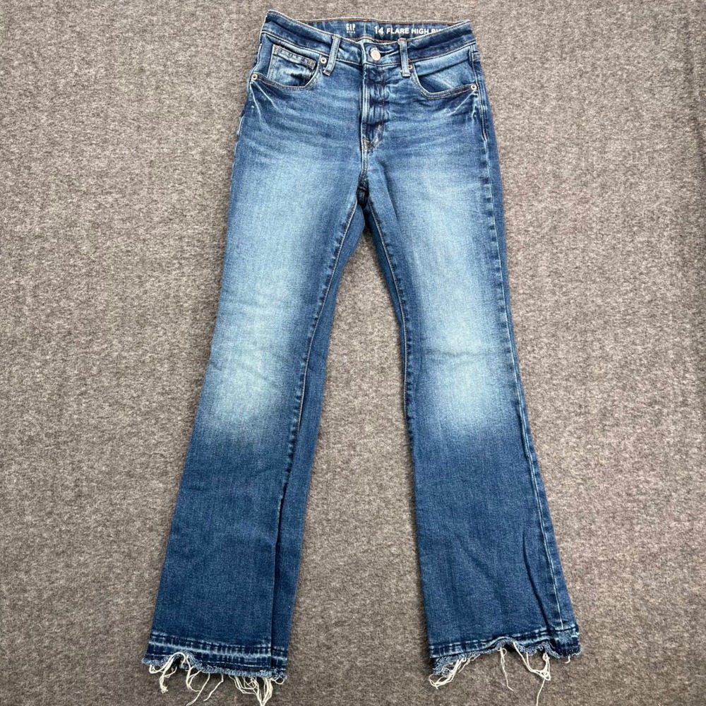 Gap Kids Flare High Rise Jeans Medium Wash Blue Raw Hem Size 14 High Waisted